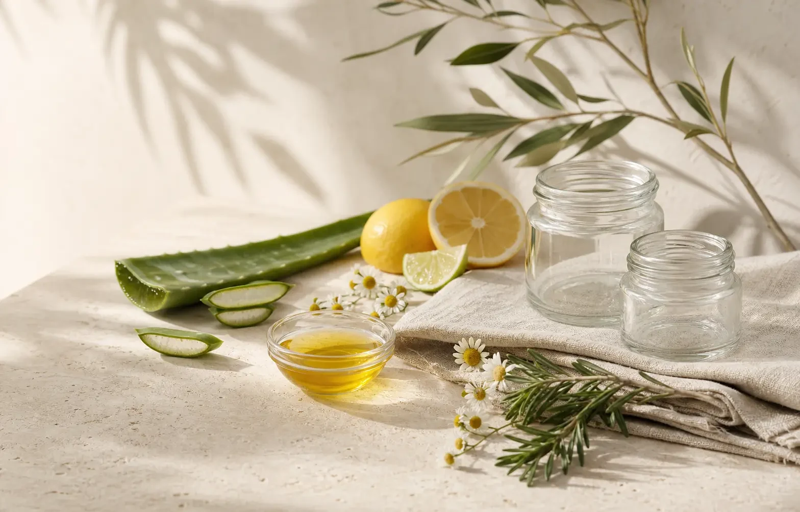Aloe, citrus and skincare jars on a light stone surface