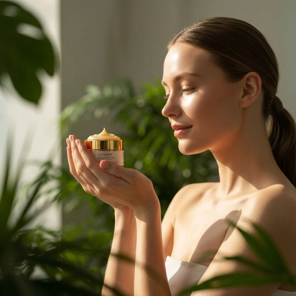 A quiet skincare moment beside a sunlit window