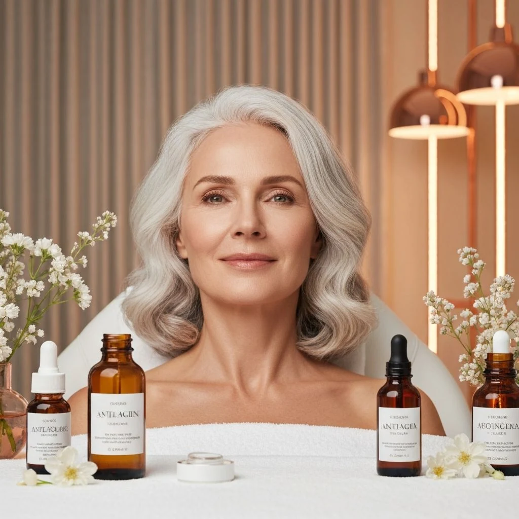 Mature woman with natural silver hair in a skincare setting
