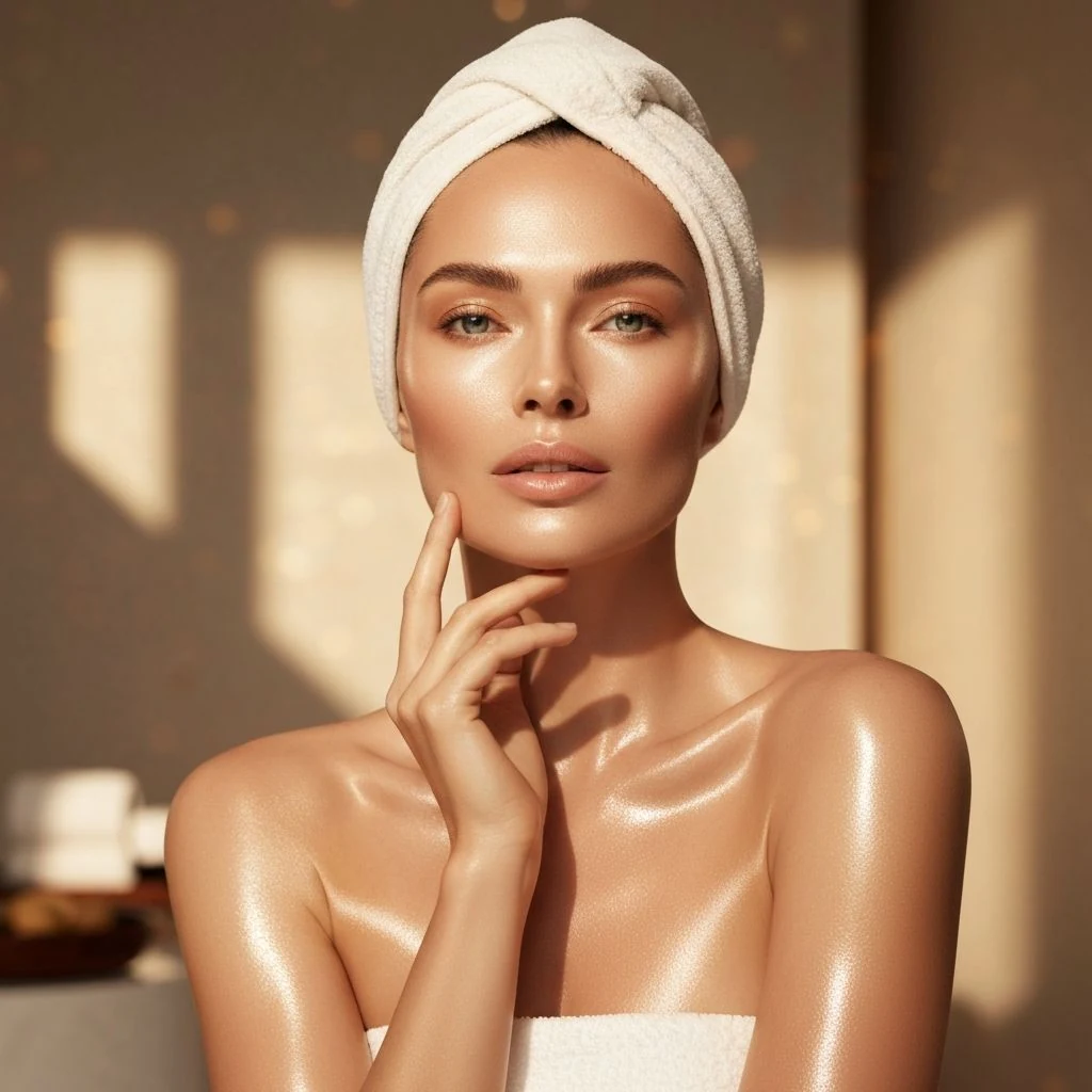 Woman wearing an ivory spa head wrap