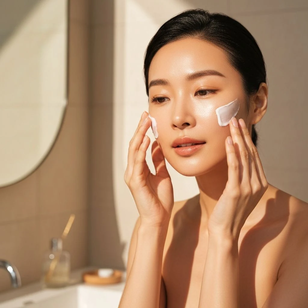 Woman gently applying skincare to her cheek