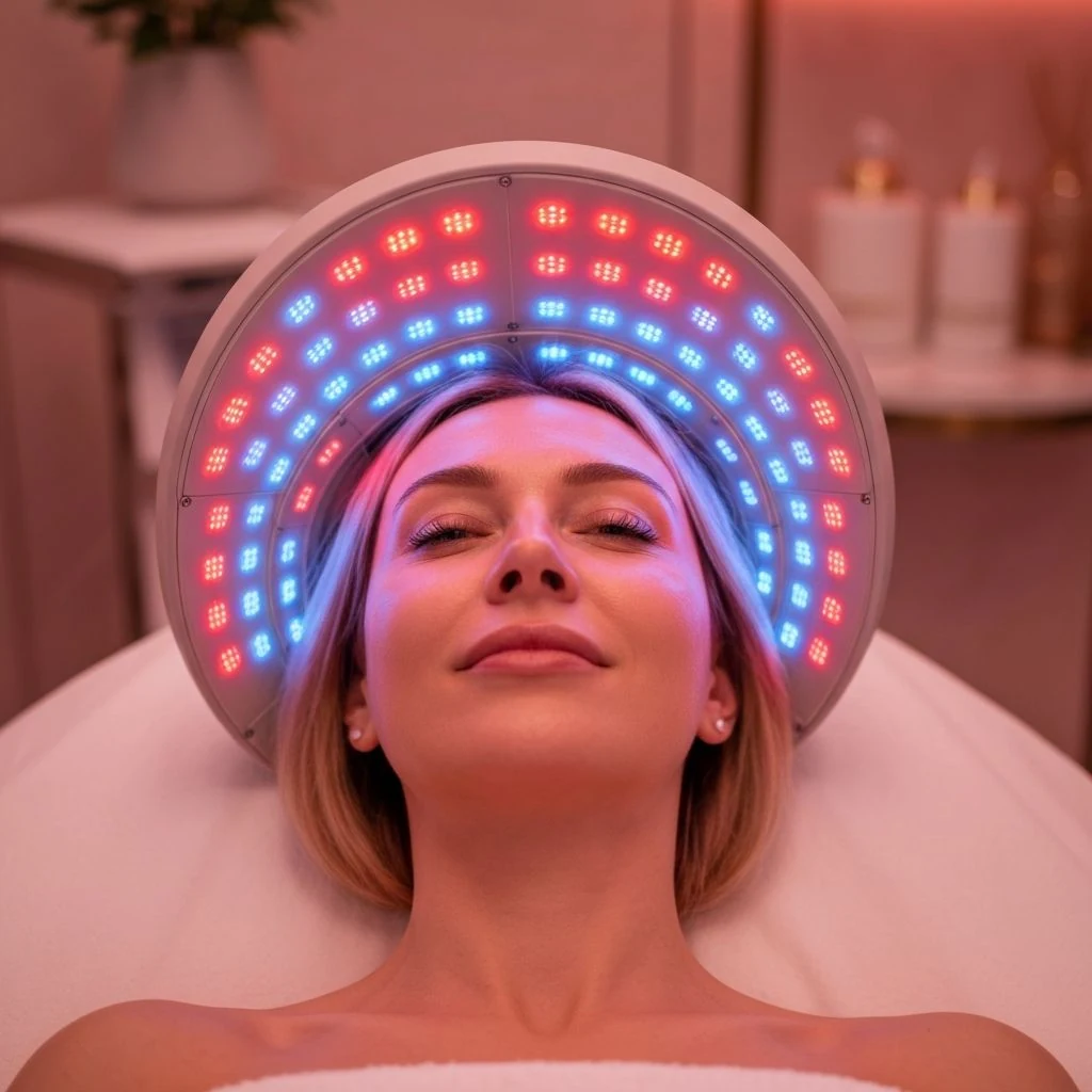 Woman relaxing beneath an LED skincare light