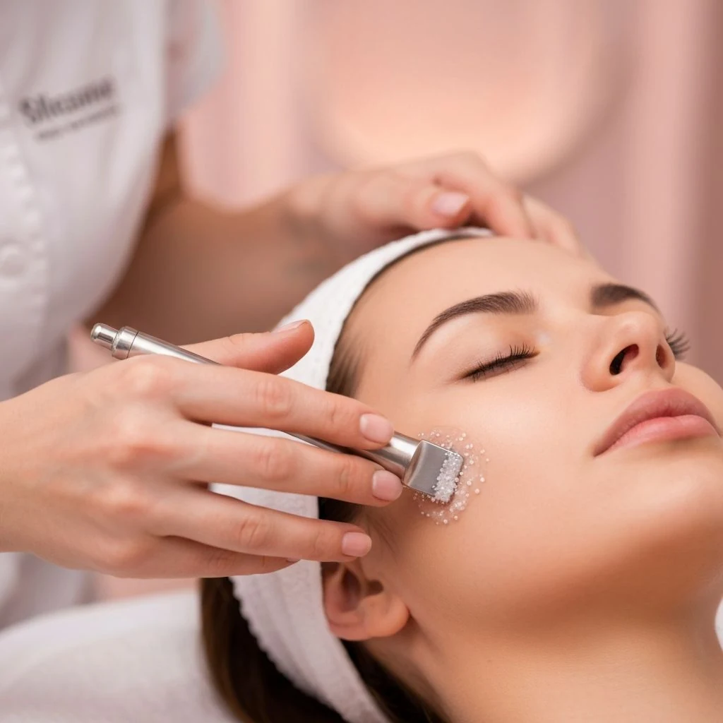 Microdermabrasion wand used during a facial