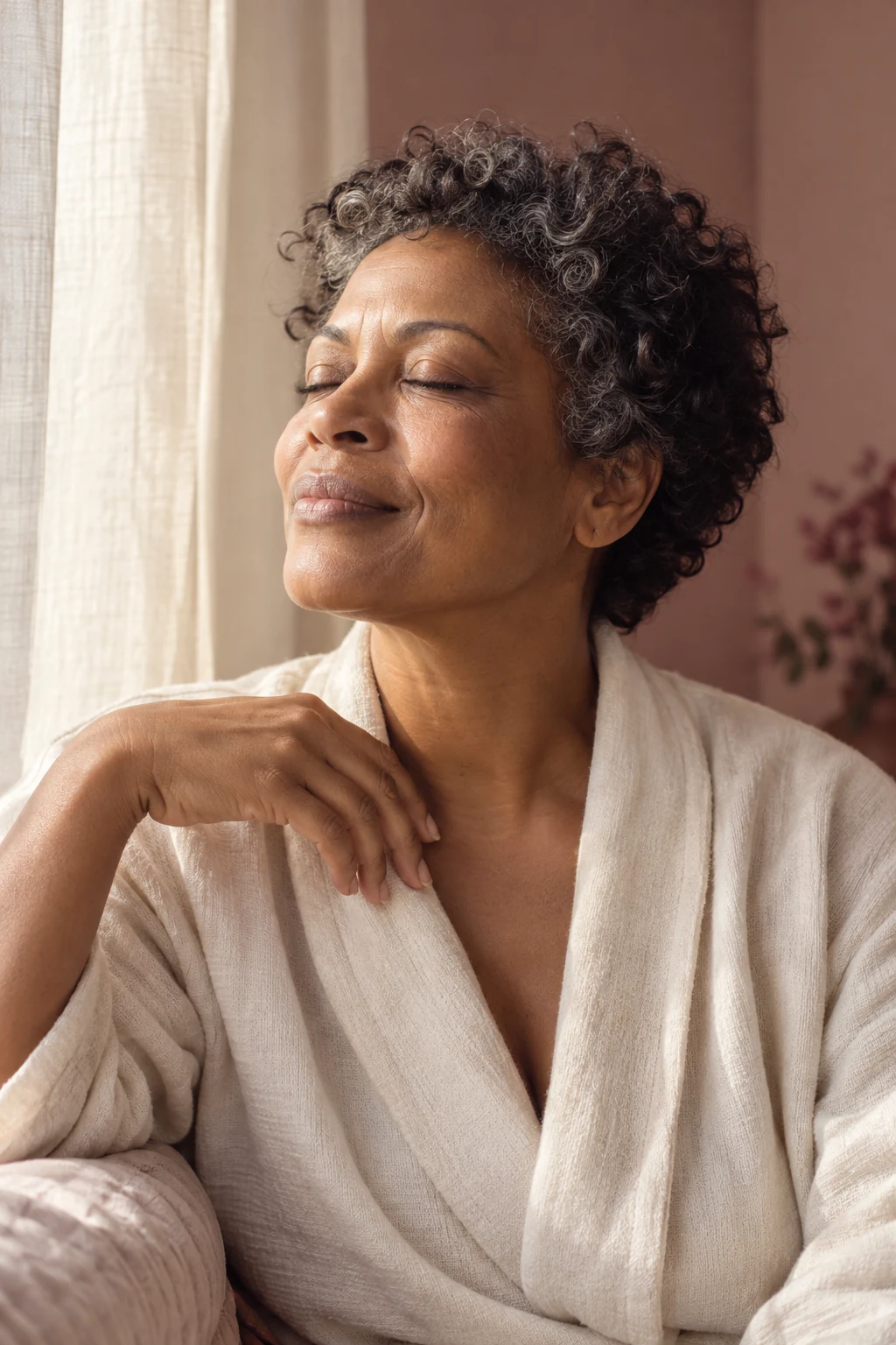 AI-generated editorial portrait of a woman enjoying a quiet self-care moment