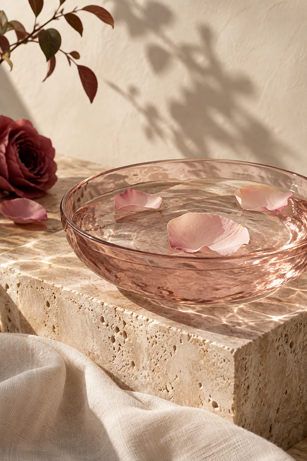 AI-generated botanical still life with water and rose petals