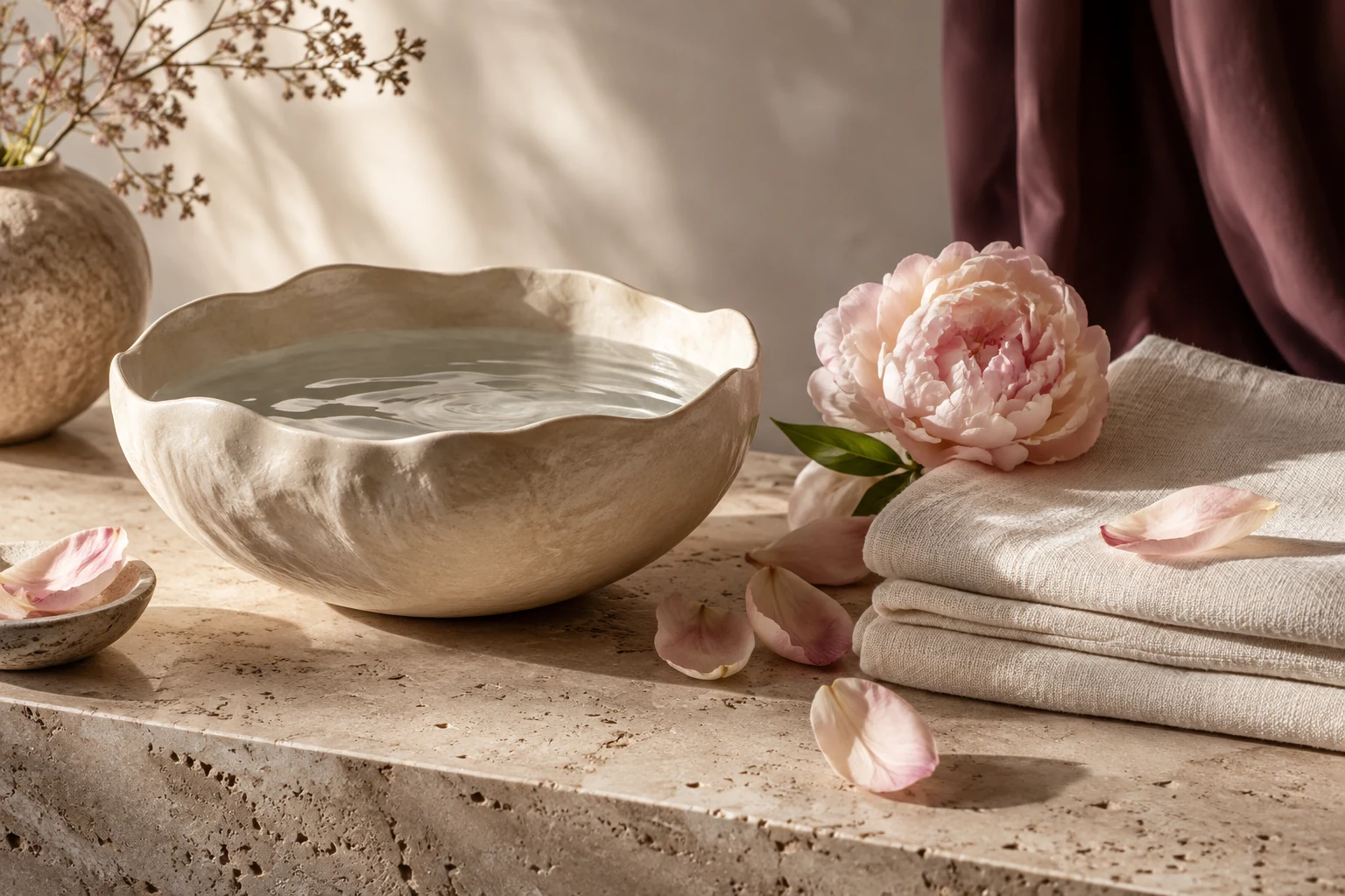 AI-generated editorial spa still life with blush flowers, towels, and a ceramic bowl